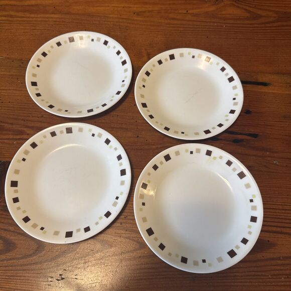 Vintage Corelle Geometric Brown Tan Squares Bread and Butter Plates 6¾" set of 4 - Picture 1 of 6